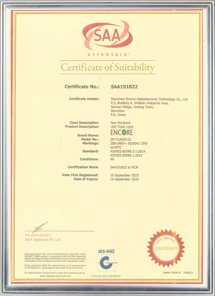 SAA Approvals Certificate of Suitability for the ENCORE AIMER LED track light, certificate number SAA151822, tested to AS/NZS 60598.2.1