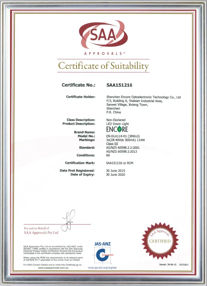 SAA Approvals Certificate of Suitability for the ENCORE AXIS LED down light, certificate number SAA151216, tested to AS/NZS 60598.2.2
