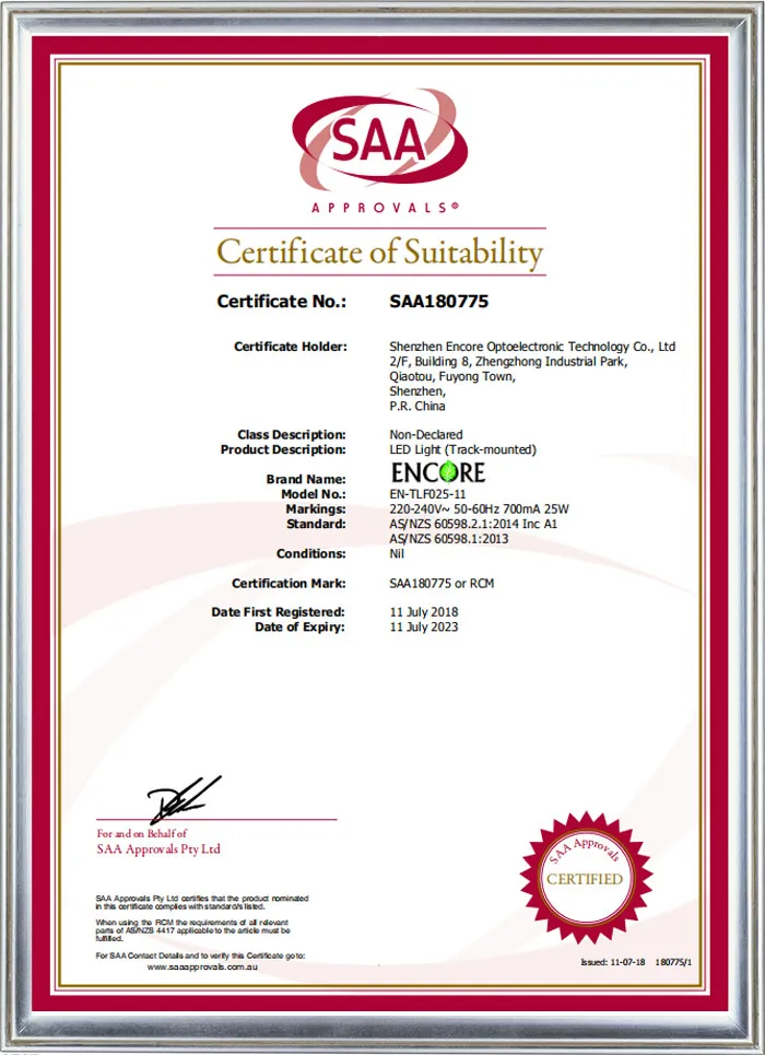 SAA Approvals Certificate of Suitability for the ENCORE FLEX LED track light, certificate number SAA180775, tested to AS/NZS 60598.2.1