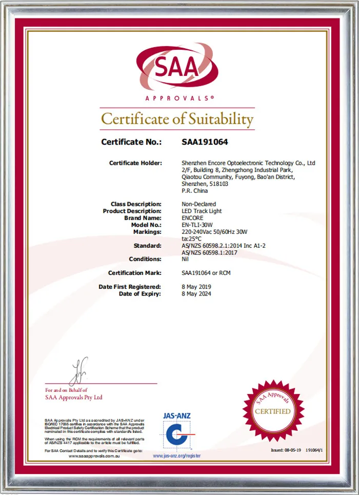 SAA Approvals Certificate of Suitability for the ENCORE IMAX LED track light, certificate number SAA191064, tested to AS/NZS 60598.2.1