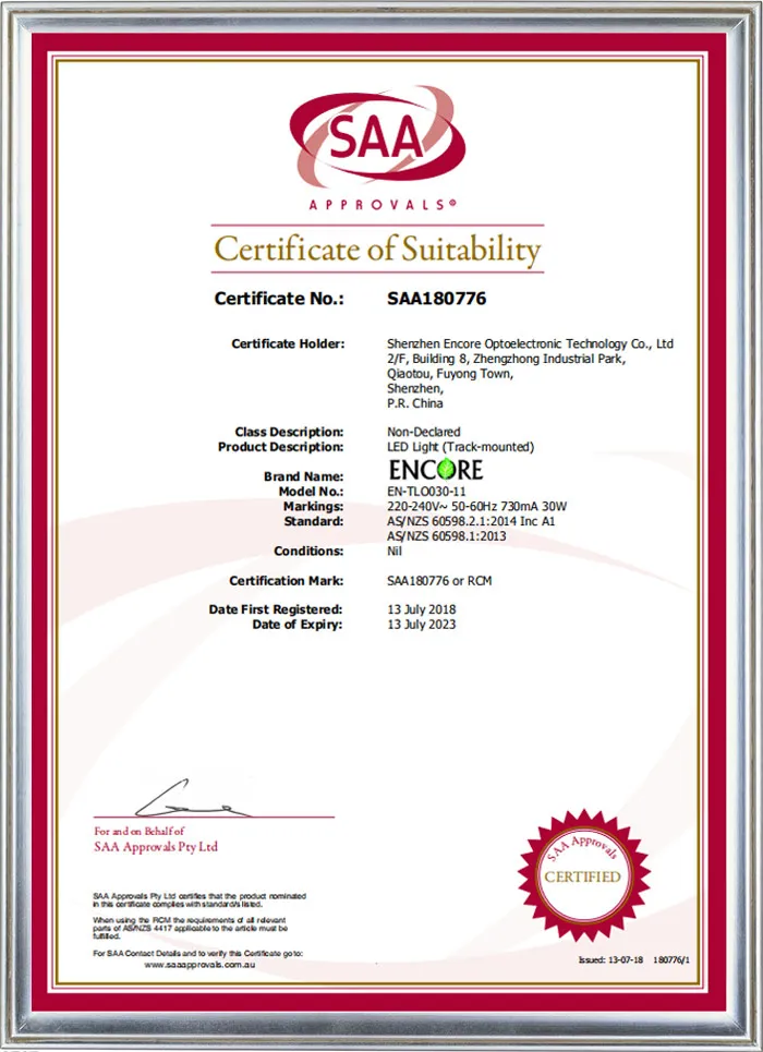 SAA Approvals Certificate of Suitability for the ENCORE OVEGA LED track light, certificate number SAA180776, tested to AS/NZS 60598.2.1