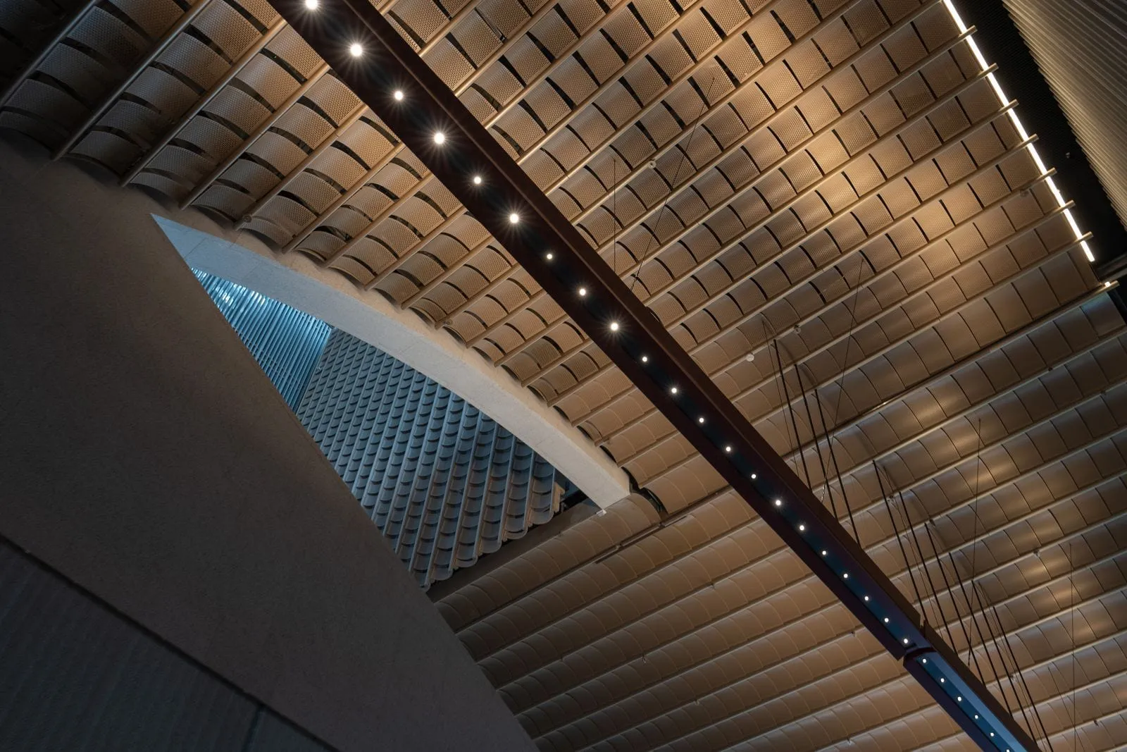 Custom LED lighting manufacturer — a clean, modern architectural ceiling with precisely engineered embedded lighting, photographed for ENCORE OEM & ODM LED lighting projects