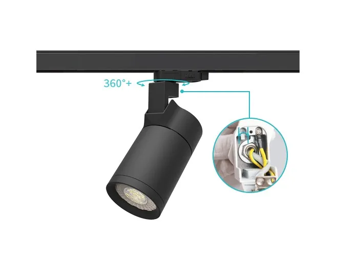Encore track light adapter position holder detail showing 360 degree rotation mechanism and the conductor contacts carrying mains voltage