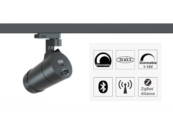 LED track light driver control protocol labels showing DALI, Zigbee, Bluetooth and 1-10 V dimmable marking on a fixture