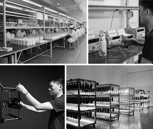 ENCORE factory assembly and testing line for LED lighting, with multiple work stations and inspection benches