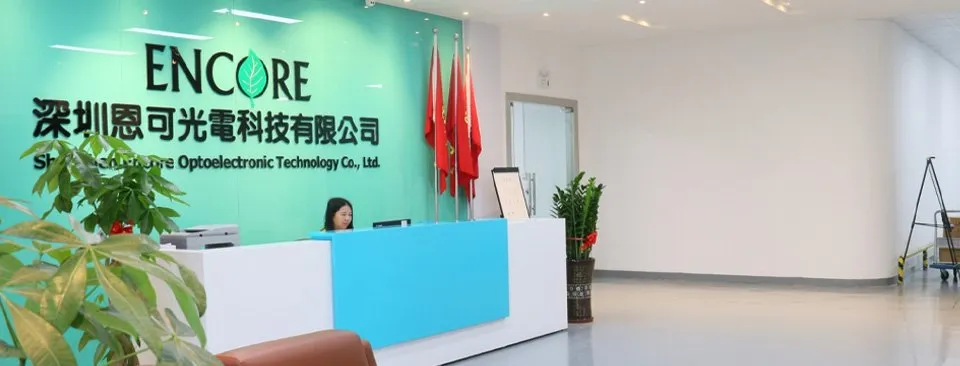 ENCORE factory reception and order desk in Shenzhen, where a 100 unit custom LED track lighting enquiry is handled by a sales engineer