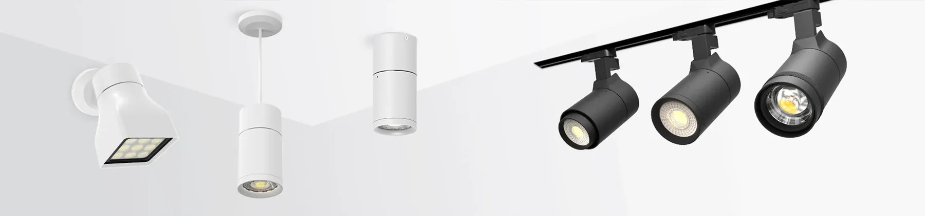 ENCORE LED downlight and track light product family — recessed, cylinder and track-mounted luminaires shown on a white background