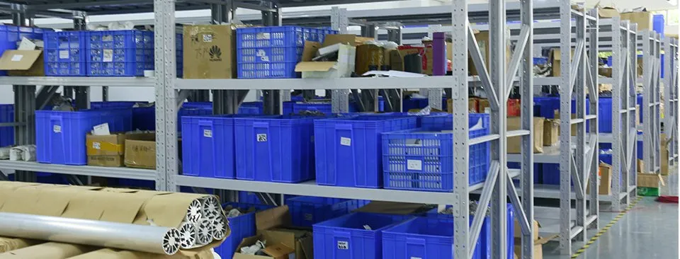 Incoming component store at the ENCORE lighting factory, with parts binned and labelled by batch