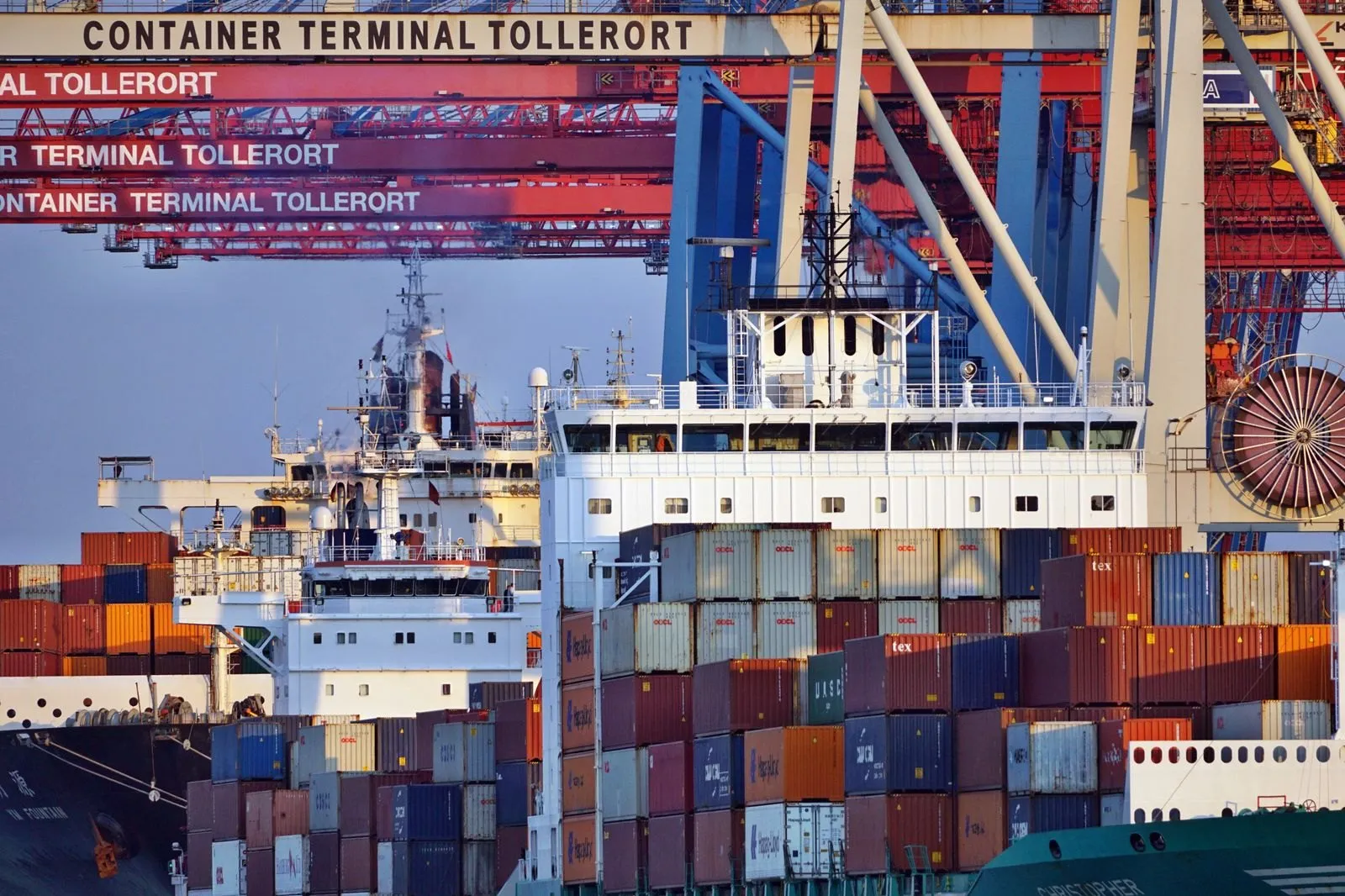 Container terminal at an EU port where imported LED lighting shipments clear customs — CE documentation is checked before release