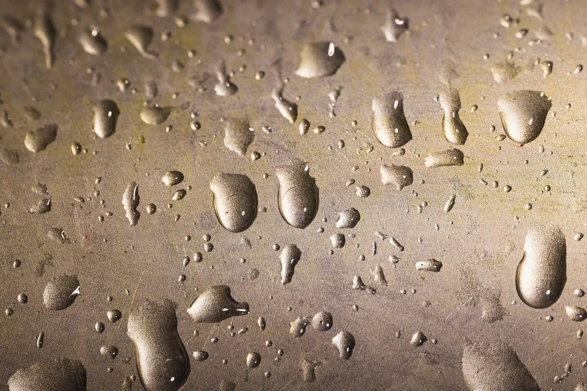 Close-up of a gasket sealing surface with water droplets on outdoor lighting hardware