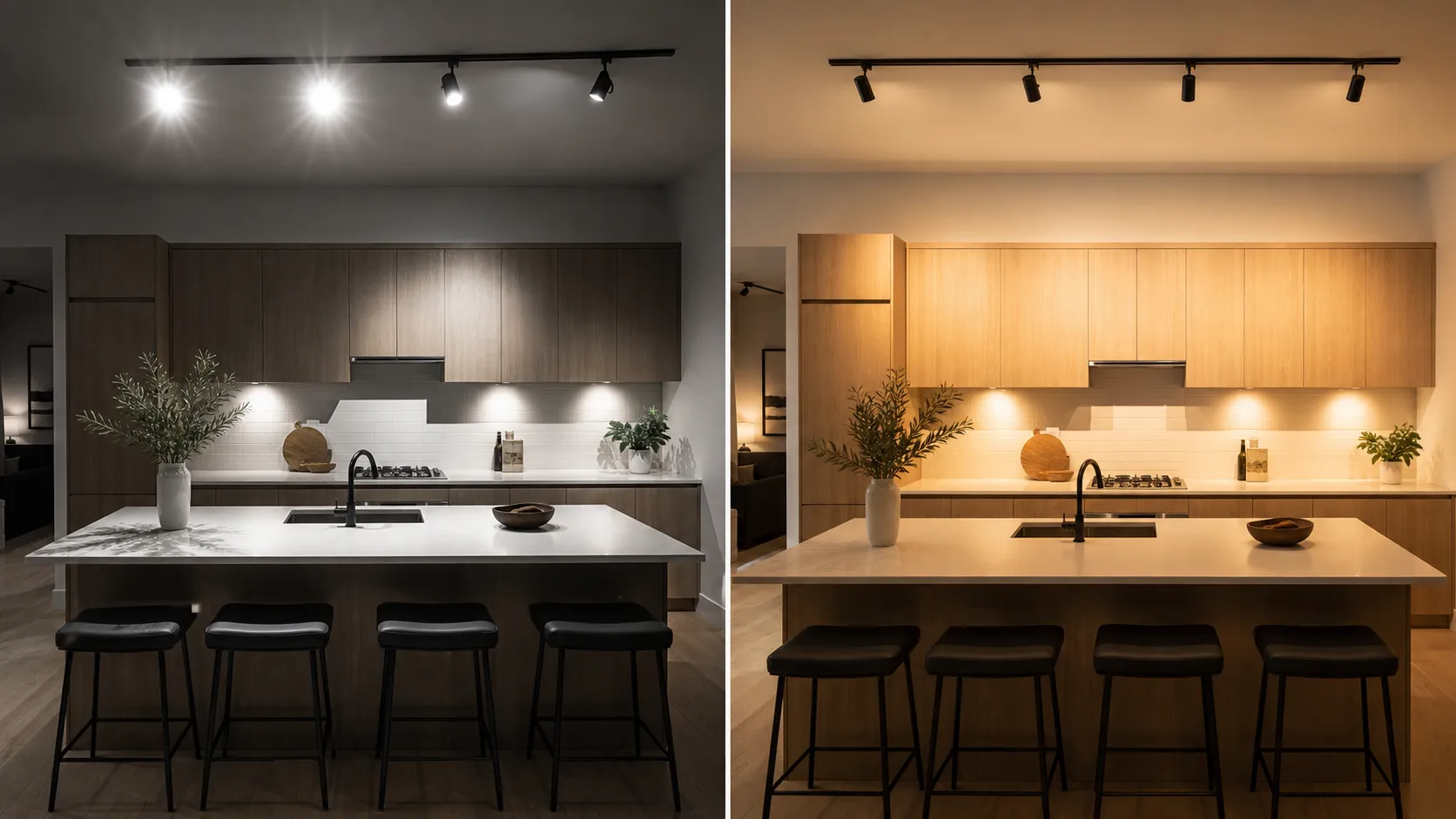 Left: harsh track spotlights creating glare and uneven pools of light. Right: the same space with even, properly aimed track lighting.
