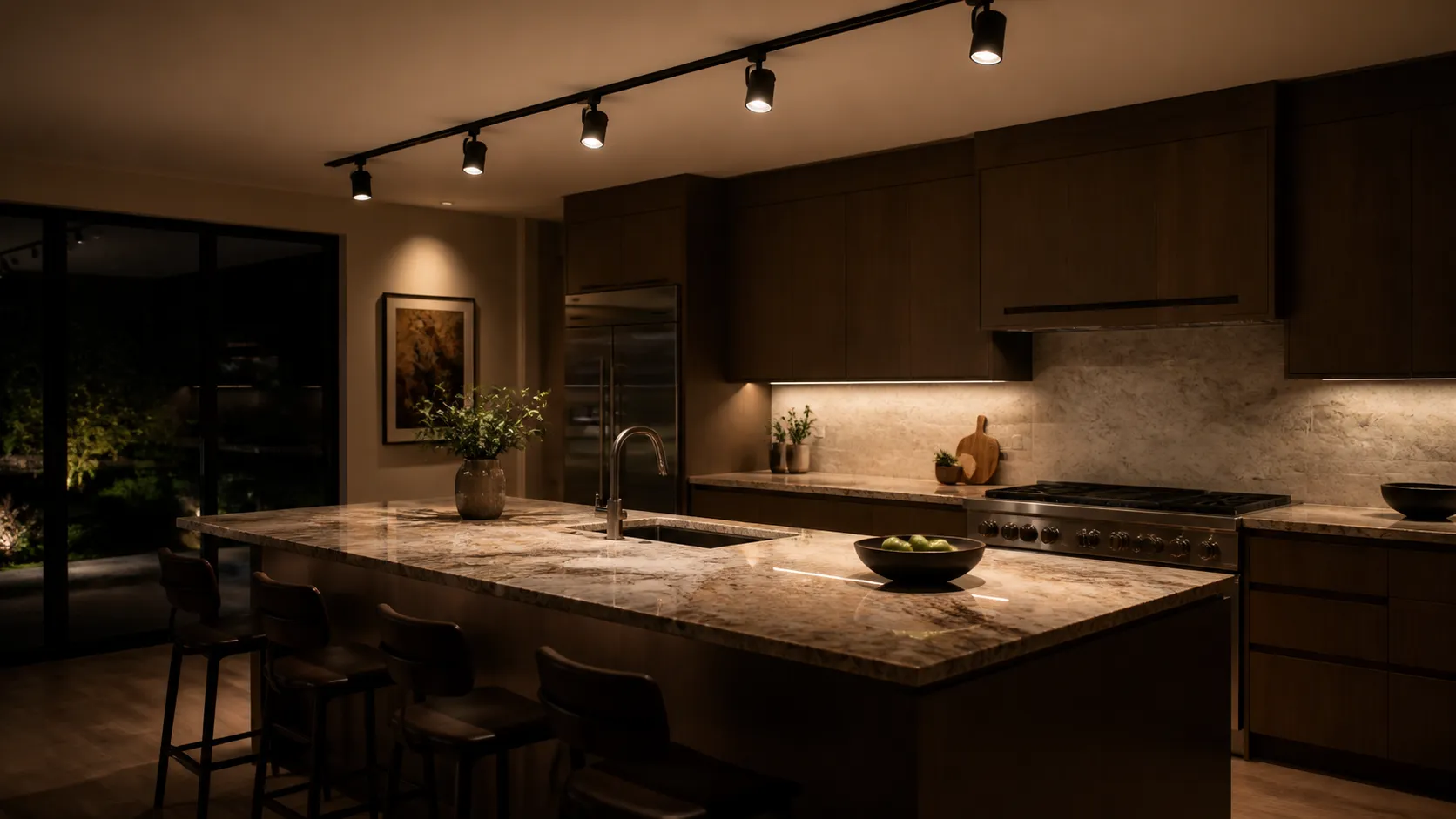 Modern kitchen island lit by adjustable LED track heads with warm ambient light.