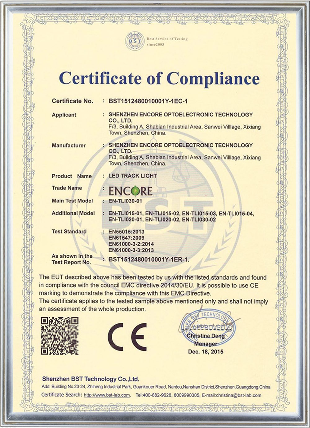Real ENCORE CE certificate of compliance for LED track light under EMC Directive 2014/30/EU, listing EN 55015, EN 61547 and EN 61000 test standards