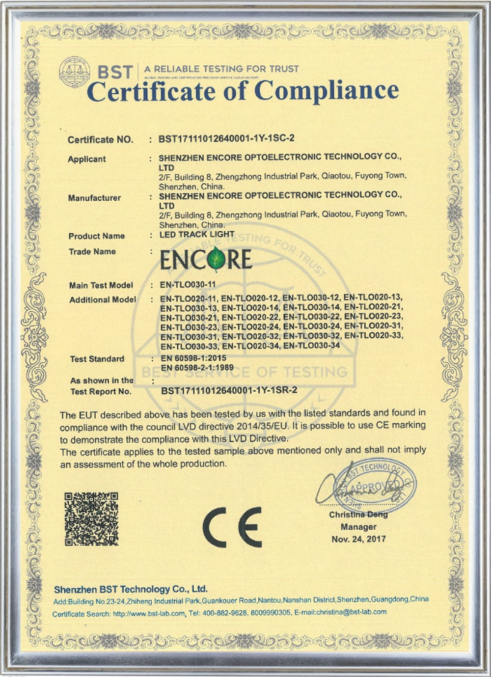 Real ENCORE CE certificate of compliance for LED track light under LVD 2014/35/EU, showing applicant, manufacturer, models and EN 60598 test standards