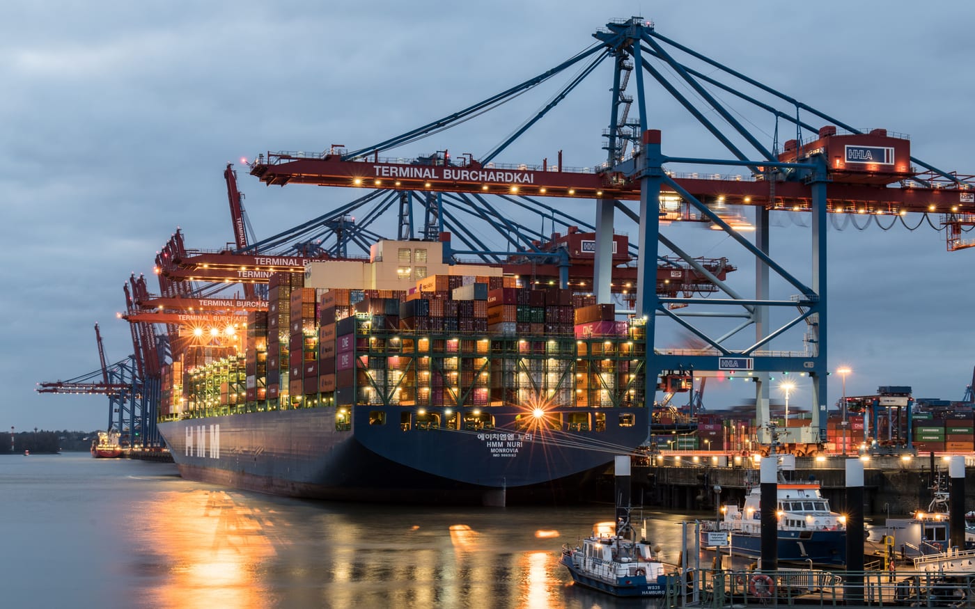 Container ship and gantry cranes at the Port of Hamburg at dusk — EU customs entry, where a mismatched certificate becomes an expensive problem