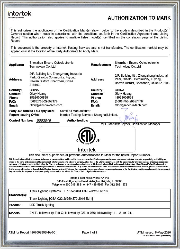 ENCORE Intertek ETL Authorization to Mark certificate for LED track lighting, showing the control number, product category, covered models and the UL 1598 / CSA C22.2 standards tested